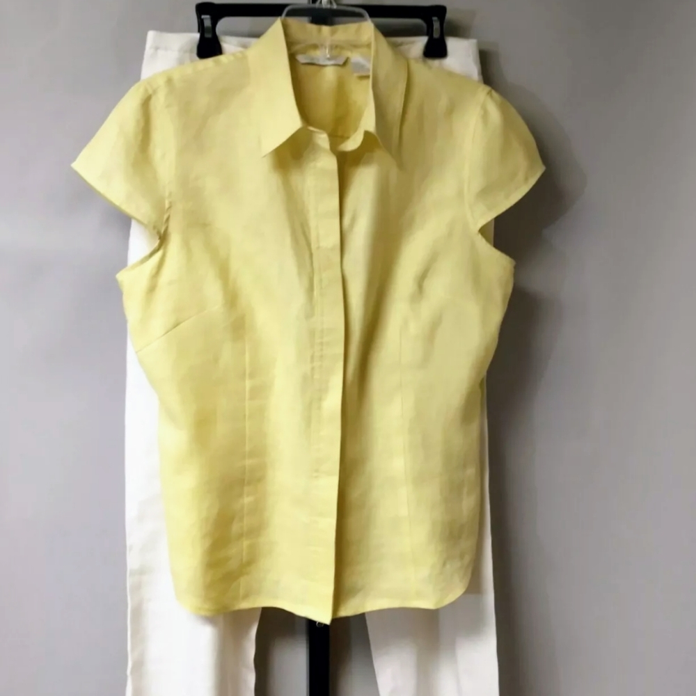 Women's Tweeds 100% Linen Cap Sleeve Top Blouse Yellow Button Down Size Large